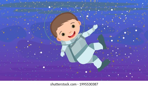 Space background. Kid astronaut. Childrens illustration. Spacemen in spacesuits and starry sky landscape. Dark colors. Flat style. Cartoon design. Vector