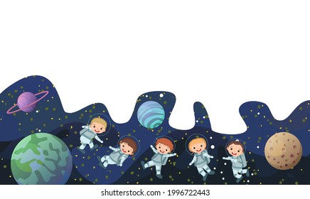 Space background. Kids astronauts. Childrens illustration. Frame. Spacemen in spacesuits, planets and starry sky landscape. Dark colors. Flat style. Cartoon design. Vector