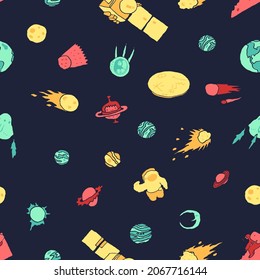 Weltraumhintergrund für Kinder. Farbige, handgezeichnete Vektorgrafik. Nahtloses Muster