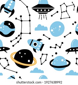 Space background for kids in flat vector style.  Seamless pattern with hand-drawn planets, rockets, stars, UFO and zodiac signs. Cute space collection for nursery