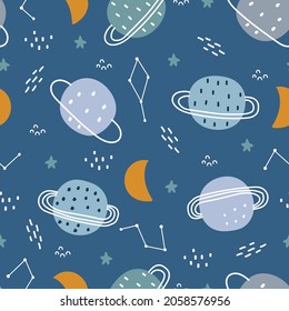 Fondo espacial para los niños Planeta con diseño de patrones sin fisuras de luna creciente en estilo de dibujos animados. Uso para impresiones, papel pintado, decoraciones, textiles, ilustraciones vectoriales.