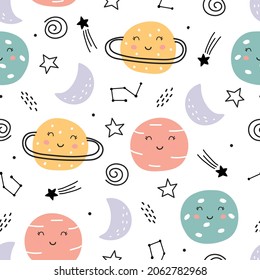 Space Background For Kids Planet Sky Seamless Pattern Design In Cartoon Style. Use For Prints, Wallpaper, Decorations, Textiles, Vector Illustrations.