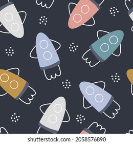 Fondo espacial para los niños cohete un diseño sin fisuras de patrón dibujado a mano en estilo de dibujos animados Utilizado para impresiones, papel pintado, decoraciones, textiles, ilustraciones vectoriales.