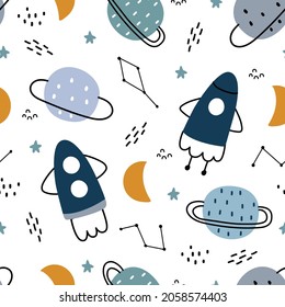 Space Background Kids Rocket Stars Seamless Stock Vector (Royalty Free ...