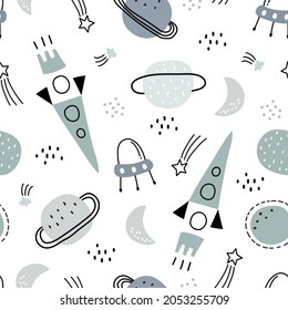 Space background for kids Spaceship and stars seamless pattern design in cartoon style. Use for prints, wallpaper, decorations, textiles, vector illustrations.