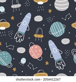Space background for kids Spaceship and stars seamless pattern design in cartoon style. Use for prints, wallpaper, decorations, textiles, vector illustrations.