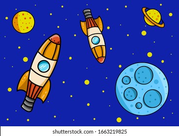 Space Background for Kids. Vector Pattern with Cartoon Rockets, Planets and Stars