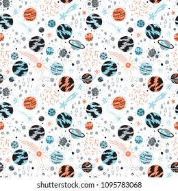 Space Background for Kids. Vector Seamless Pattern with Cartoon Planets, Stars and Comets. 