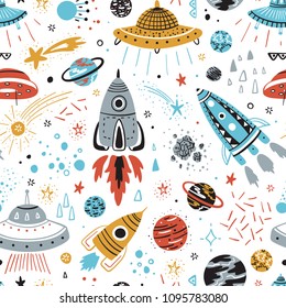 Space Background for Kids. Vector Seamless Pattern with Cartoon Rockets, Planets, Stars, Comets and UFOs. 
