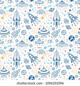 Space Background for Kids. Vector Seamless Pattern of Hand drawn Doodle Cartoon Rockets, Planets, Stars, Comets and UFOs.