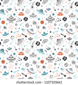 Space Background for Kids. Vector Seamless Pattern with Cartoon UFOs, Planets, Stars and Comets.
