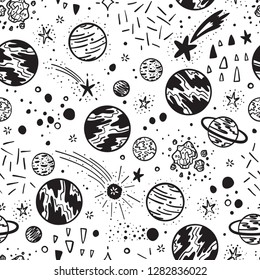 Space Background for Kids. Vector Seamless Pattern with Hand drawn Doodle Cartoon Planets, Stars and Comets