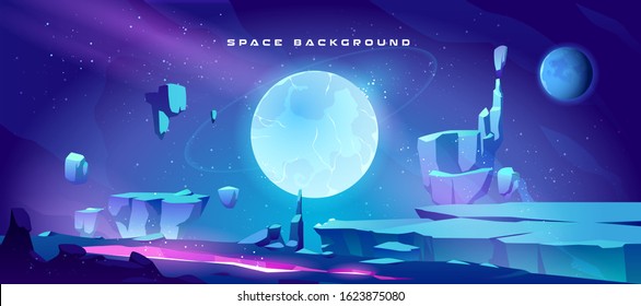 Space Background With Landscape Of Alien Planet With Craters And Lighted Crack. Vector Cartoon Fantasy Illustration Of Blue Galaxy Sky With Gas Giant And Moon And Ground Surface With Rocks