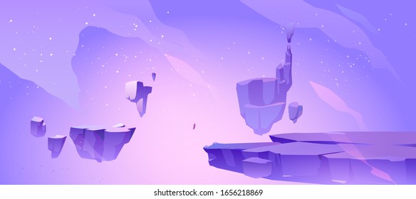 Space background with landscape of alien planet with craters and crack. Vector cartoon fantasy illustration of purple galaxy sky with stars and ground surface with rocks