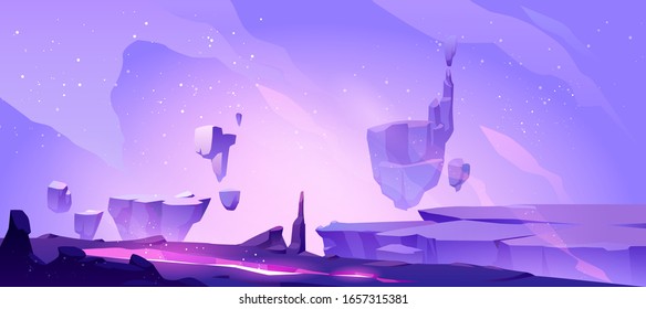 Space background with landscape of alien planet with craters and lighted crack. Vector cartoon fantasy illustration of purple galaxy sky with stars and ground surface with rocks