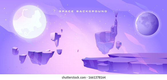 Space background with landscape of alien planet with craters and crack. Vector cartoon fantasy illustration of purple galaxy sky with moon and ground surface with rocks