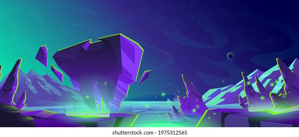 Space background with landscape of alien planet with mountains, green glow from cracks in ground. Vector cartoon fantasy illustration of planet surface, blue galaxy sky with stars and moon eclipse