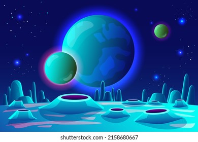 Fondo espacial y paisaje de Planet Surface con cráteres, rocas y rajaduras de tierra. Escena espacial fantástica y exótica. Ilustración del paisaje del planeta espacial 