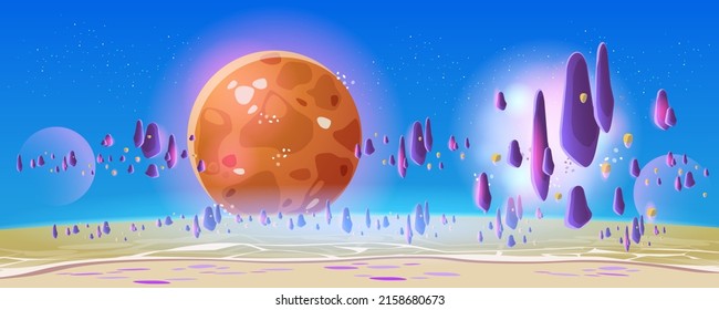 Space background and landscape of Planet Surface with craters, rocky and land crack. Fantastic and Exotic space scene. Space planet landscape scene illustration 