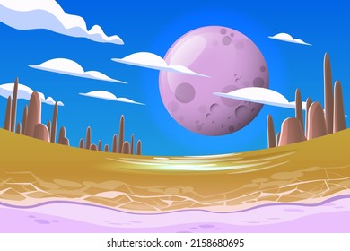 Space background and landscape of Planet Surface with craters, rocky and land crack. Fantastic and Exotic space scene. Space planet landscape scene illustration 