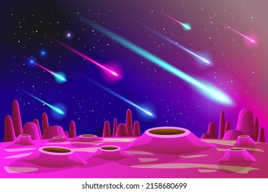 Space background and landscape of Planet Surface with craters, rocky and land crack. Fantastic and Exotic space scene. Space planet landscape scene illustration 