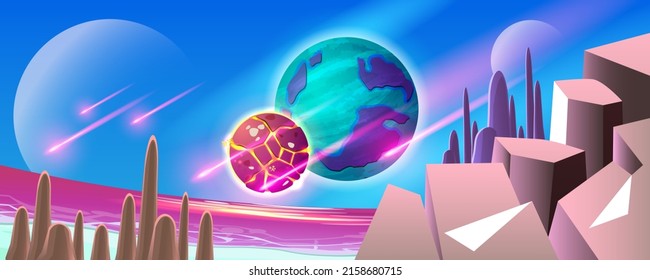 Space background and landscape of Planet Surface with craters, rocky and land crack. Fantastic and Exotic space scene. Space planet landscape scene illustration 
