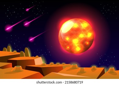 Space background and landscape of Planet Surface with craters, rocky and land crack. Fantastic and Exotic space scene. Space planet landscape scene illustration 