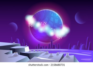 Space background and landscape of Planet Surface with craters, rocky and land crack. Fantastic and Exotic space scene. Space planet landscape scene illustration 