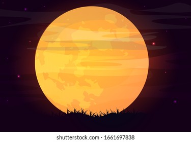 Space background, large bright moon in macro and night starry sky. Can be used for travel or banner, poster design, desktop. Vector illustration