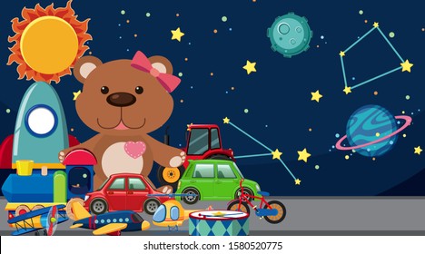 Space background and many cute toys illustration