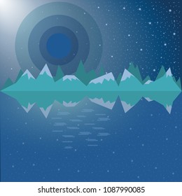 Space background. Mountains, rocks and water on planet horizon. A lot of bright stars on the sky. Vector illustration.