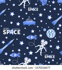 Space background. Mouse astronaut in outer space with ufo, rockets, shuttle, stars. Chinese symbol of 2020 year. Seamless pattern for children's textiles, themed site, video channel, studio.