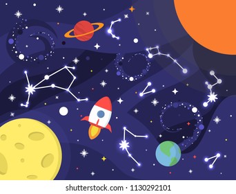 Space background with nebula, planets, stars, milky way, constellation, Earth, rocket, Moon, black hole. Galaxy constellation. Outer space design. Stardust and shining stars background. Cosmic vector