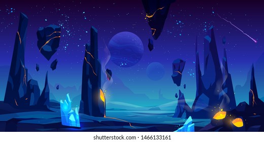 Space background, neon night alien fantasy landscape with flying rocks, crystals, falling meteor in dark starry sky, extraterrestrial craters full of glowing liquid lava, Cartoon vector illustration