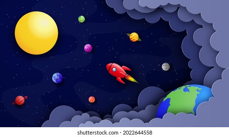 Space background in paper cut style. Rocket flies in space among stars and planets to sun. Vector illustration.