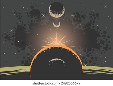 Space Background, Parade of Planets. Retro Future Style Cosmic Vector Illustration, Planets, Stars, Nebula. Cosmic Posters Template