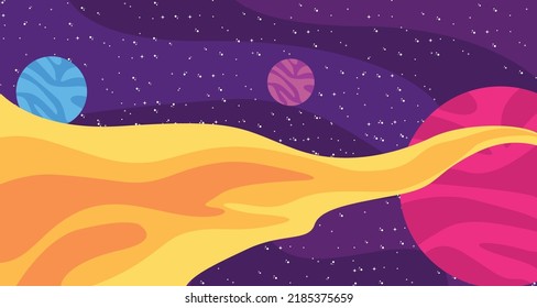 Space background with passing planets and meteors