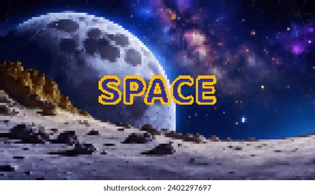 Space background in pixel art style. Vector illustration of the surface of the moon, close-up planet, stars, space.