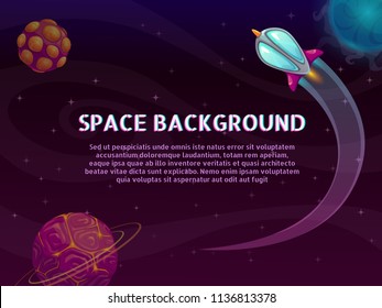 Space background with place for your text. Cool horizontal poster with space ship, stars and planets. Vector cosmic illustration for web or typography design