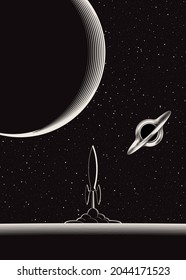Space background with planet, cosmic ship and black hole. Modern black and white poster. Vector illustration