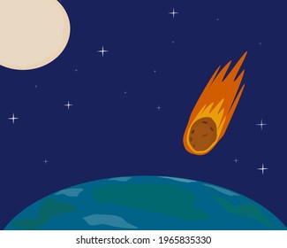 Space background with planet earth and burning comet. Giant asteroid is approaching the earth. Realistic Meteorite approach. Vector illustration