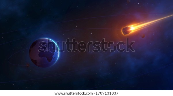 Space background with planet earth and\
burning comet. Giant asteroid is approaching the earth. Realistic\
Meteorite approach. Vector\
illustration