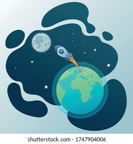 Space background planet Earth and moon, rocket flying with stars. Banner for site, flat design. Vector illustration.
