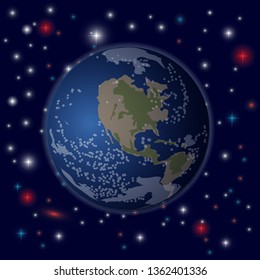 Space background. Planet Earth on a background of stars and nebulae. Vector illustration