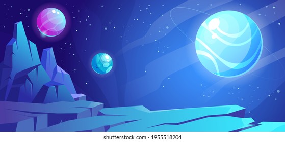 Space background with planet landscape, stars, satellites and alien planets in sky. Vector cartoon fantasy illustration of cosmos, cracked stone surface and mountains