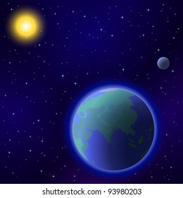 Space background: planet mother Earth, moon, sun and stars, eps10, contains transparencies. Vector