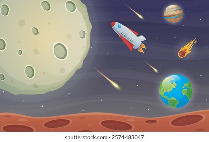 Space background with planet and rocket. Vector illustration