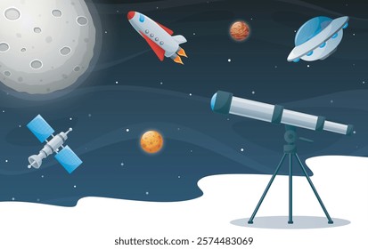 Space background with planet and rocket. Vector illustration