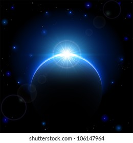 Space background with planet and shining sun, illustration.