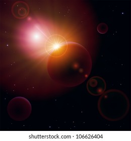 Space background with planet and shining sun, illustration.